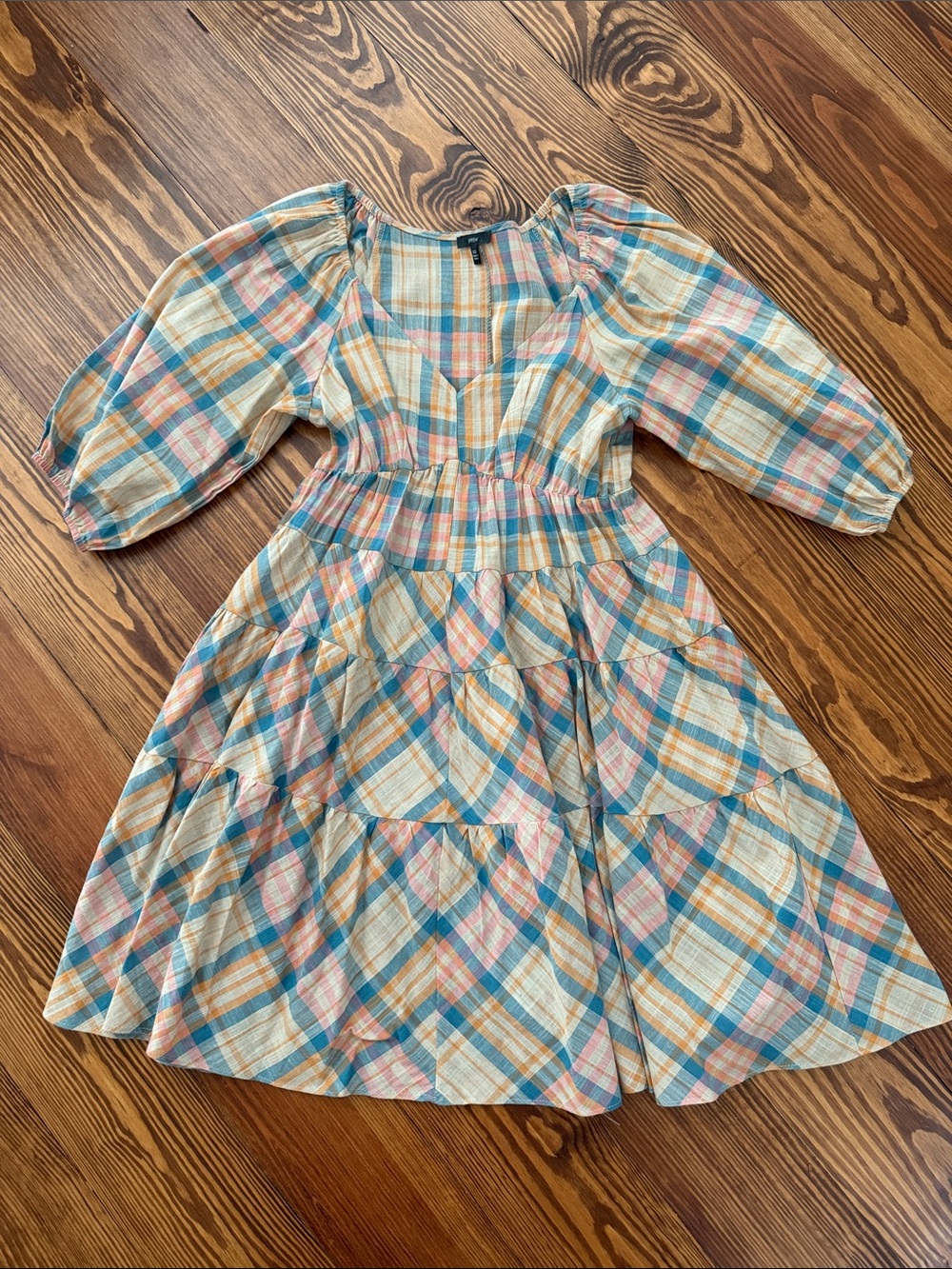 DREW Pastel Plaid Puff-SleeveDress in Blue, Pink & orange